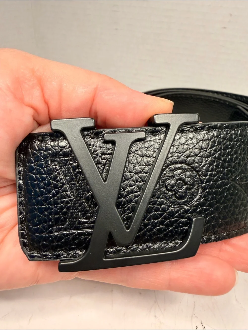 Louis Vuitton Monogram Embossed Black Leather Belt with Matte Black LV
